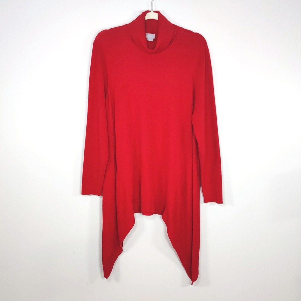 Chicos Red Asymmetric Turtleneck Sweater Size 3 Cotton Cashmere Lagenlook XL
